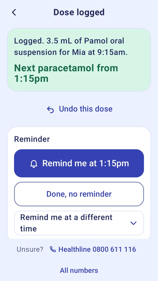 Dose logged: next paracetamol from 1:15pm, with Remind me at 1:15pm.